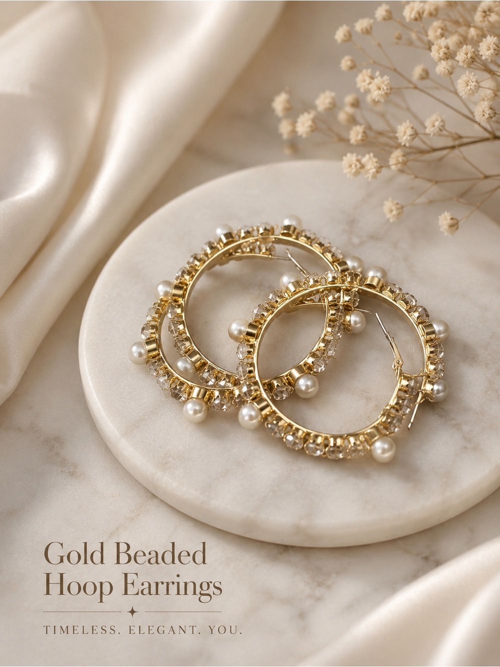 Gold Beaded Hoop Earrings - Women Jewelry